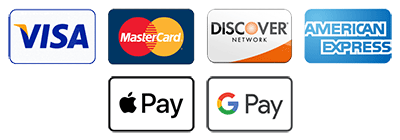 Visa, Mastercard, Discover, American Express, Apple Pay, G Pay